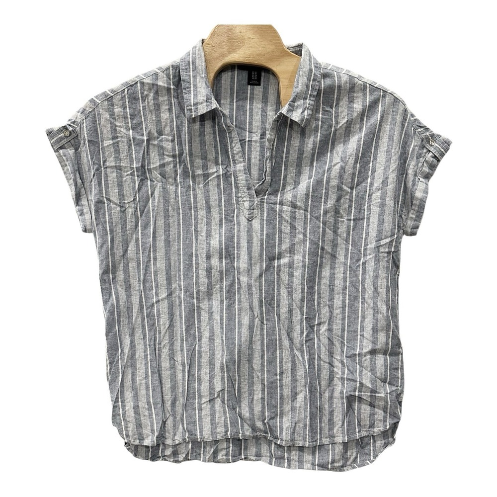 Tahari Top Womens Size 1X Linen Blend Short Sleeve Collared V-Neck Blue‎ Striped